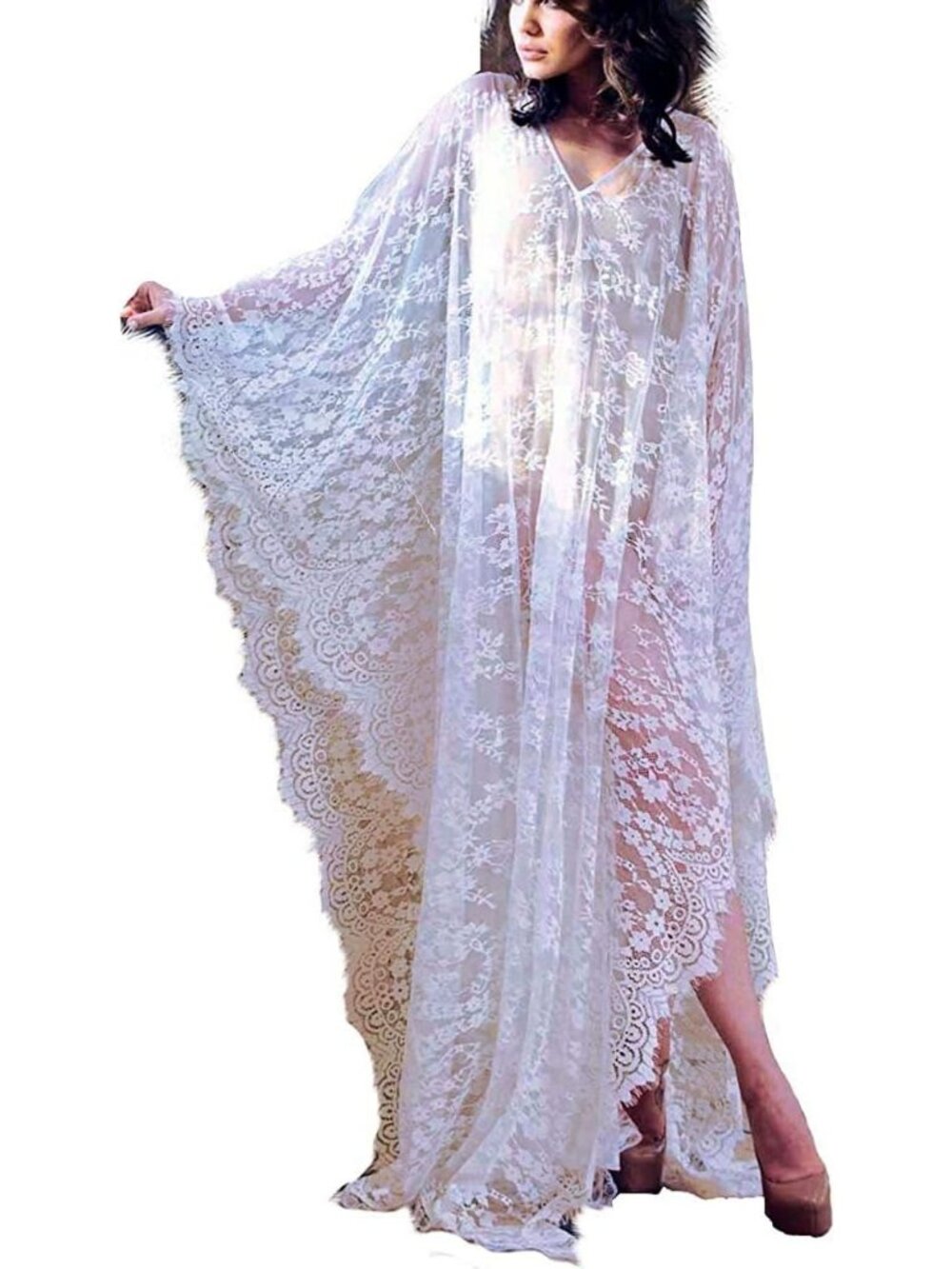 Women's Plus Size Sheer Lace Kimono Swimsuit Beach Cover Up-Z White